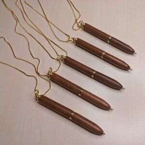 Wood Pen Necklace with Gold Chain Ballpoint pen wooden elegant vintage style 30"